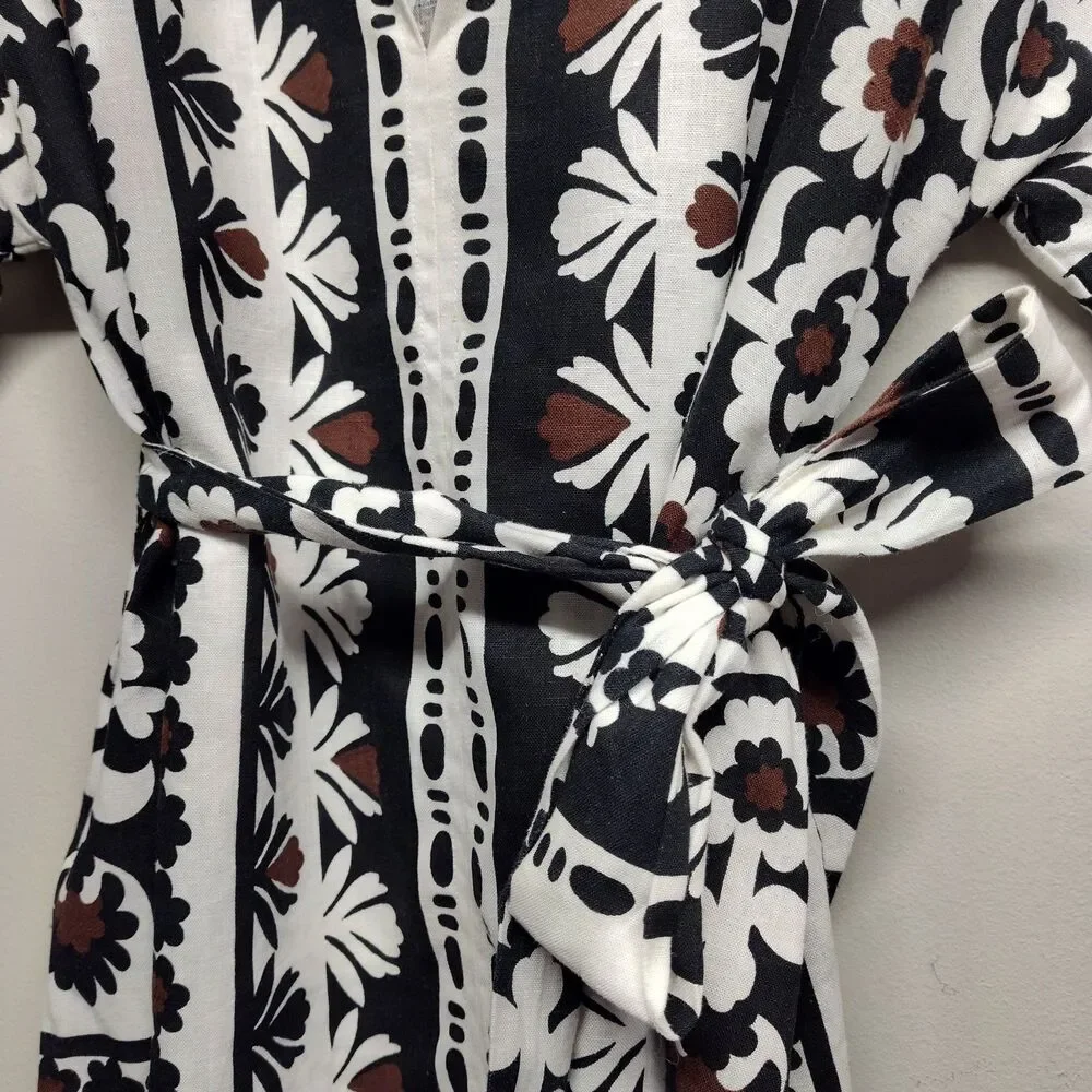 Ann Taylor Linen Blouse Top Women Size M White Floral Waist Tie Casual Feminine - Picture 4 of 9